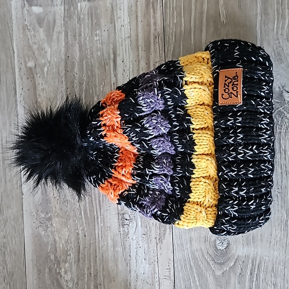Cozy Zone Black Furball Beanie Pom Pom Colorful Stripes, O/S - Picture 9 of 9